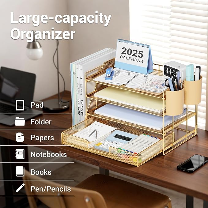OPNICE Desk Organizer, 4-Tier Desktop File Organizer with Drawer and 2 Pen Holders, Office Desk Accessories, File Sorters, Workspace Organizers for Office Supplies(Gold)