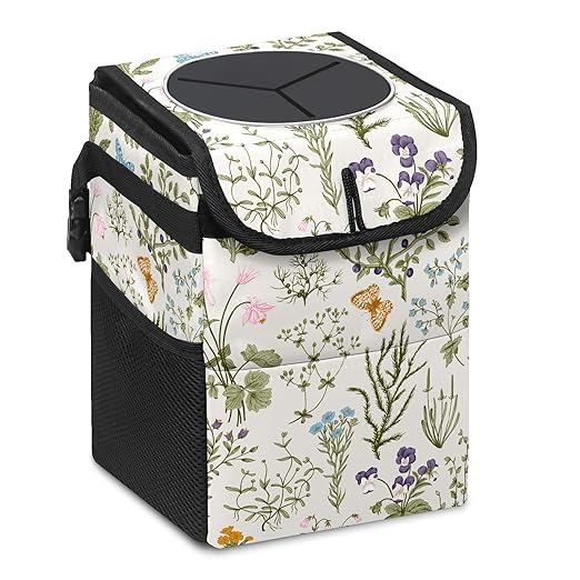 Car Trash Can with Lid Vintage Botanical Wildflowers Collapsible Reusable Leak-Proof Auto Garage Bag,Hanging Vehicle Car Accessories Interior Car Organizer
