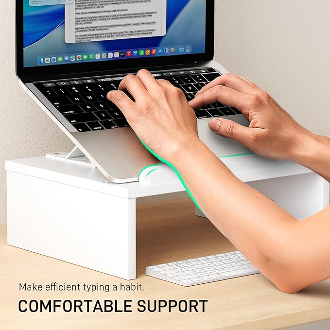 Adjustable Wood Laptop Stand with Storage Space - Notebook Organizer & Ergonomic Computer Riser, Wrist Rest Included, Compatible with 9.8-15'' Laptops (MacBook Air Pro/HP/Dell/Lenovo),White