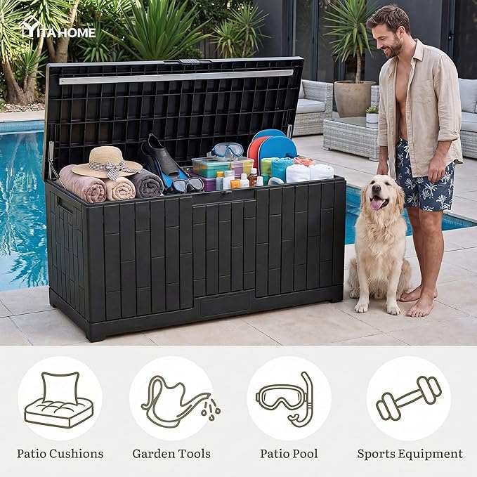 YITAHOME 120 Gallon Outdoor Storage Deck Box, Large Resin Patio Storage Box with Slide-Locking Lid, 53"L 2-Person Bench Seat for Outdoor Pillows, Garden Tools & Pool-Supplies, Waterproof (Black)