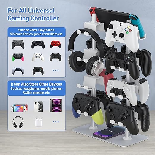 MANMUVIMO Controller Holder for 16 Xbox PS5 PS4 Gaming Controller, Video Game Controller Holder Headphone Stand for Desk, Gamer Gifts for Men, Gaming Room Accessories Maximum Organizer (White)