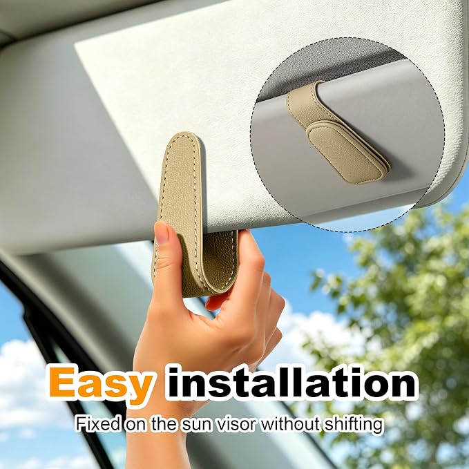 Sunglass Holder for Car Visor Magnetic Leather Visor Sunglasses Clip Eyeglass Hanger Clip for Car Sun Visor Beige 1 Pack
