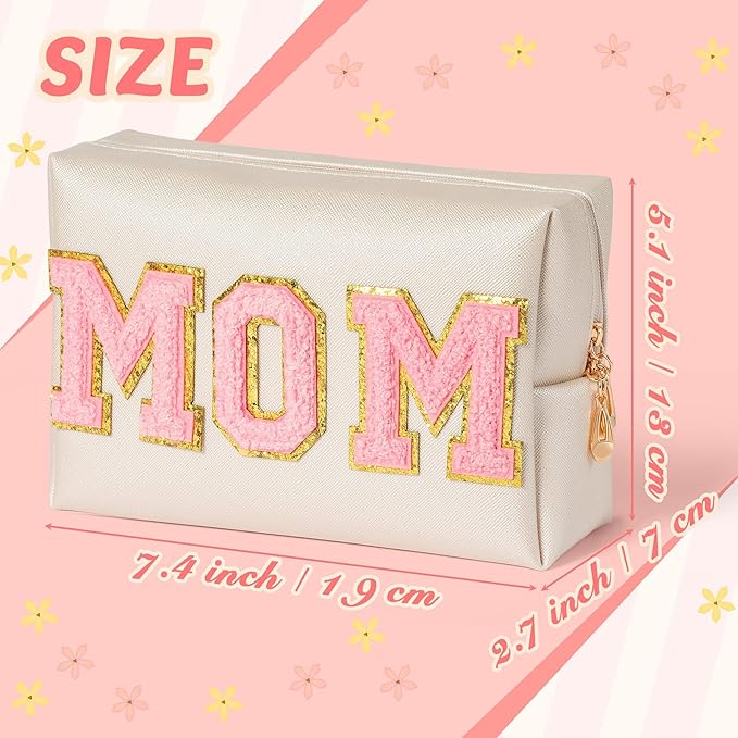 Y1tvei Preppy MOM Cosmetic Bag for Mother, Patch PU Leather Waterproof Makeup Bag with Zipper, Varsity Letter Toiletry Pouch Travel Organizer Mama to Be Gift for Birthday Mother's Day Baby Shower