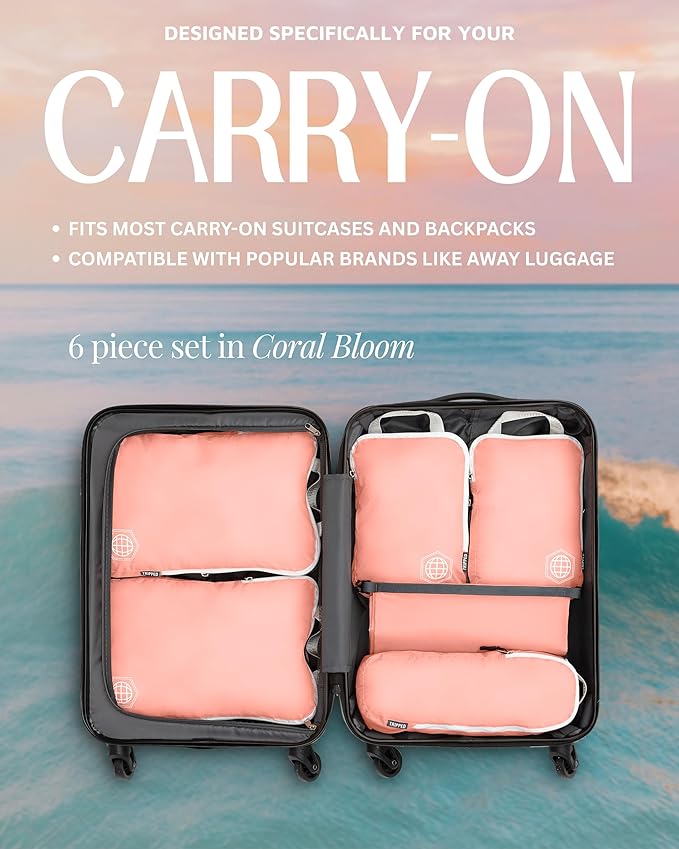 Compression Packing Cubes for Travel, 6-Piece Lightweight Packing Cubes Set for Carry-On Luggage & Backpacks – TRIPPED Travel Gear (Coral Bloom)