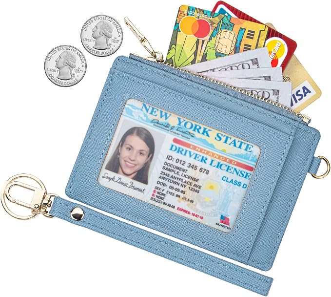 Wikavanli Women Slim Rfid Blocking Credit Card Case Holder Wristlet Zip ID Case Wallet Small Compact Leather Wallet Coin Purse with Keychain (Blue)