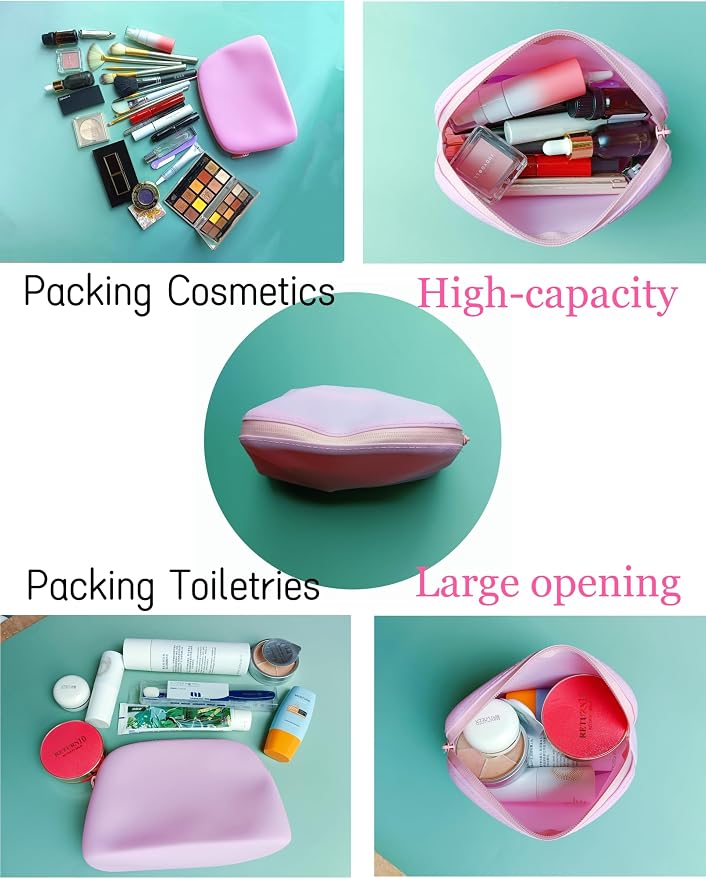 Foldable Silicone Makeup Bag Large Capacity and Lightweight Toiletry Bag for Travel Waterproof Cosmetic Bag with Zipper for Women Girls (pink)