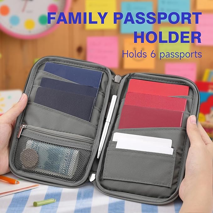 WALNEW Family Passport Holder for 5 - Large Travel Organizer Holds up to 6 Passports, RFID Blocking Water Resistant Document Wallet for Cards, Tickets, Boarding Passes