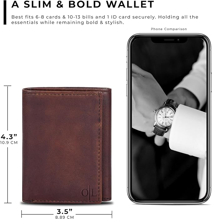 Tri fold Leather Wallet for Men with RFID | Slim Wallets for Men with 1 ID and 6 Credit card slots | Front Pocket Minimalist