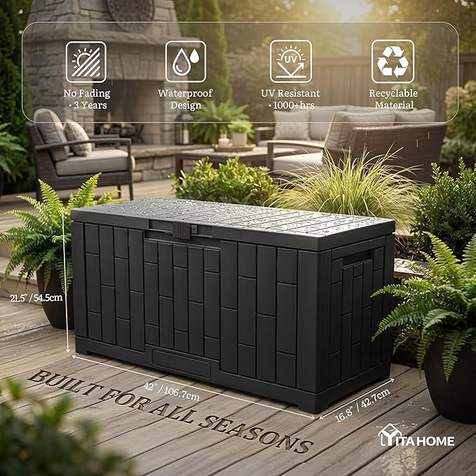 YITAHOME 60 Gallon Resin Deck Box, Weather Resistant Outdoor Rattan Storage Box with Slide-Locking Lid, Lockable Indoor Outdoor Storage for Supplies and Essentials, Black