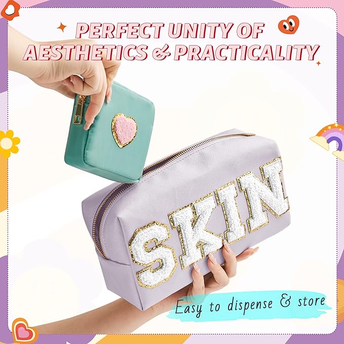 Preppy Patch Skin Makeup Bag for Travel, 2 PCS Chenille Letter Cosmetic Sunscreen Bag, PU Waterproof Beach Bag Pouch Organizer,Gift for Women Girls