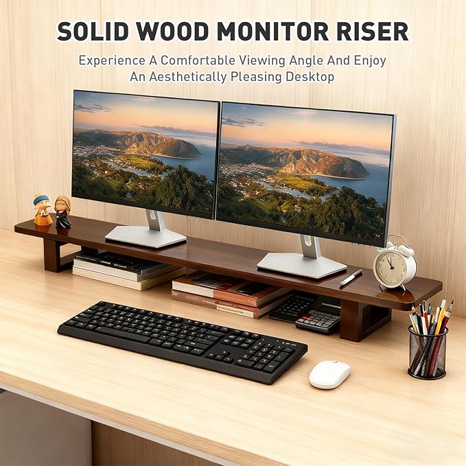 Dual Monitor Stand Riser, 47Inch Solid Wood Desktop Organizer with Non-Slip Pads, Holder for 2 Monitors, Laptops, TV, PC, Printer, Walnut Finish