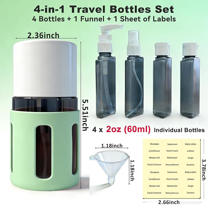 4-in-1 Round Refillable Cosmetic Container Kit, Leak Proof Portable Travel Toiletry Bottles, TSA Approved Travel bottles, Empty Jars for Cosmetics Lotion Shampoo (Green)