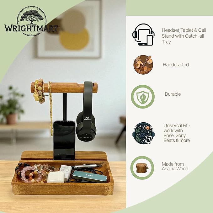 Dual Headphone Stand, Solid Acacia Wood Headset Holder for 2 Headphones, Cell Phone & Tablet, Desk Organizer Tray for iPhone, iPad, Bose, Sony, Beats, Sennheiser, Gaming & Office Desk Setup