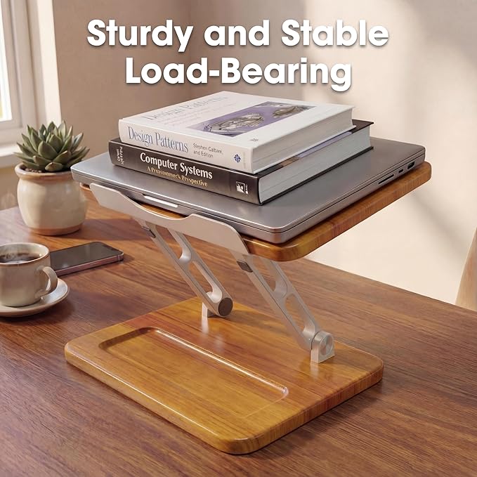 Ergonomic Wooden Laptop Stand with Pen Slot, Adjustable Height & Angle, Hollow Cooling, Foldable for Desk Use, for 10-17 Inch Laptops/Tablets
