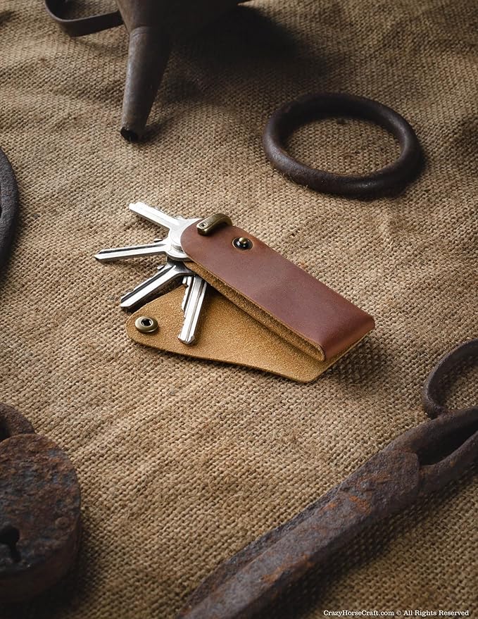 Crazy Horse Craft, Leather Key Holder, Keychain, Minimalist Keyring, Fob, EDC Organizer Cover Sleeve Finder Bag Tag Case
