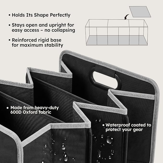 50L Car Trunk Organizer, Heavy-Duty 600D Oxford Collapsible Storage Box with 3-Compartments & Securing Straps, Foldable Organizer for SUV/Sedan/Truck, Car Accessories Storage