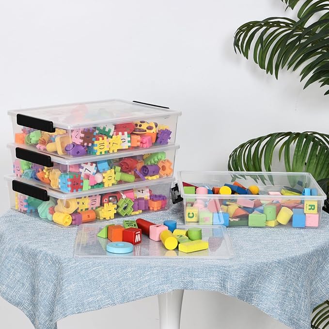 4 Pack A4 Plastic File Box, Clear Flat Stackable Box with Lids | Letter-size documents organizer container, easy viewing, latch clips.