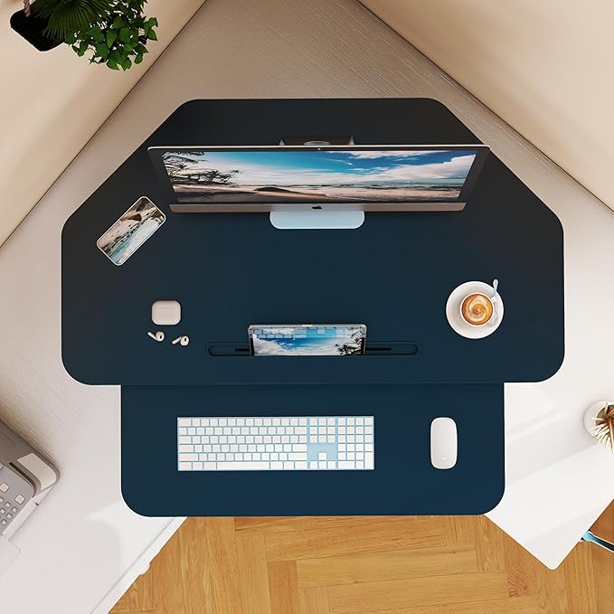 32 inch Corner Standing Desk Converter, Height Adjustable Sit Stand Desk Riser with Keyboard Tray, Black, GSD76