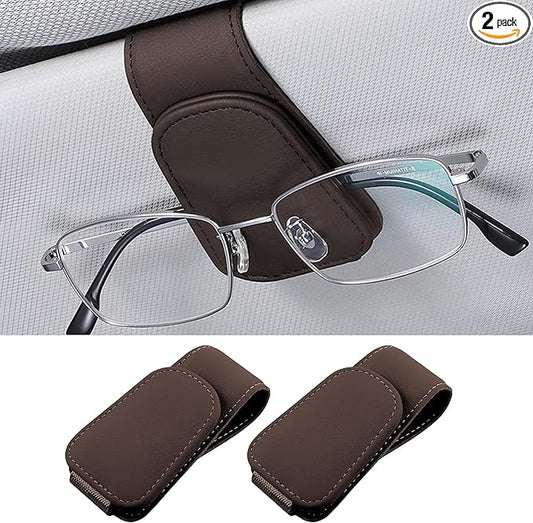 2PCS Sunglasses Holders for Car Sun Visor, Leather Eyeglasses Hanger Mounter, Magnetic Glasses Holder and Ticket Card Clip, Universal Auto Interior Accessories (Brown, 2PCS)