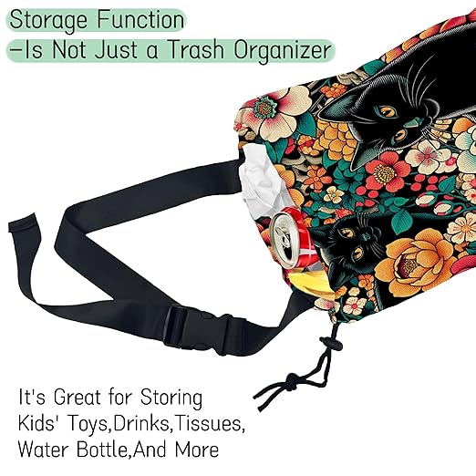 Black Cats Car Trash Bag,Tropical Flowers Hanging Drawstring Car Garbage Bag,Waterproof Canvas Car Back Seat Organizer with Adjustable Buckle,for Vehicles,SUVs,Camping,Road Trips