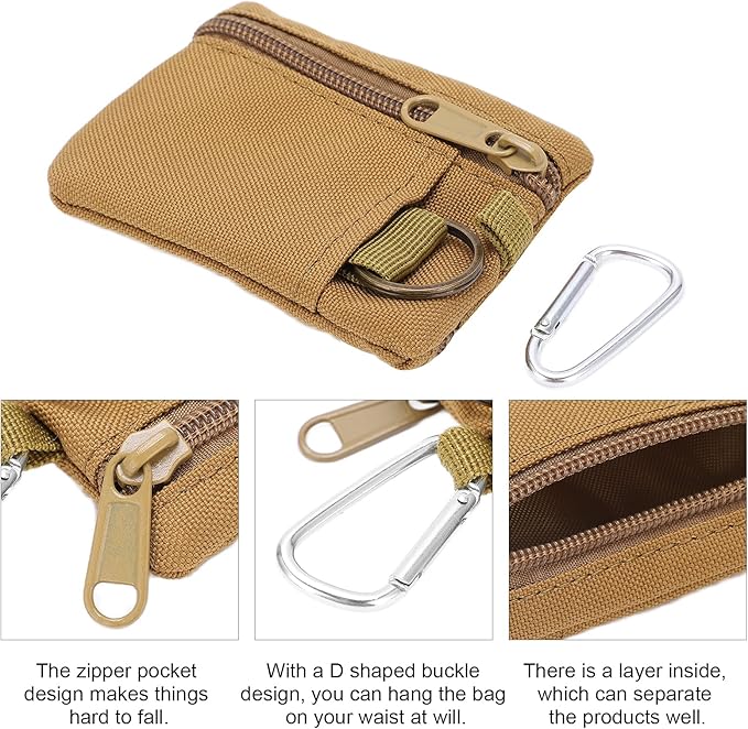 EDC Pocket Pouch, Mini Molle Pouch Wallet Tactical Keychain Pouches Multi Function Carabiner Gadget Utility Organizer Key Card Case Zipper Portable Military Outdoor Bag Tactics Waist(Brown)