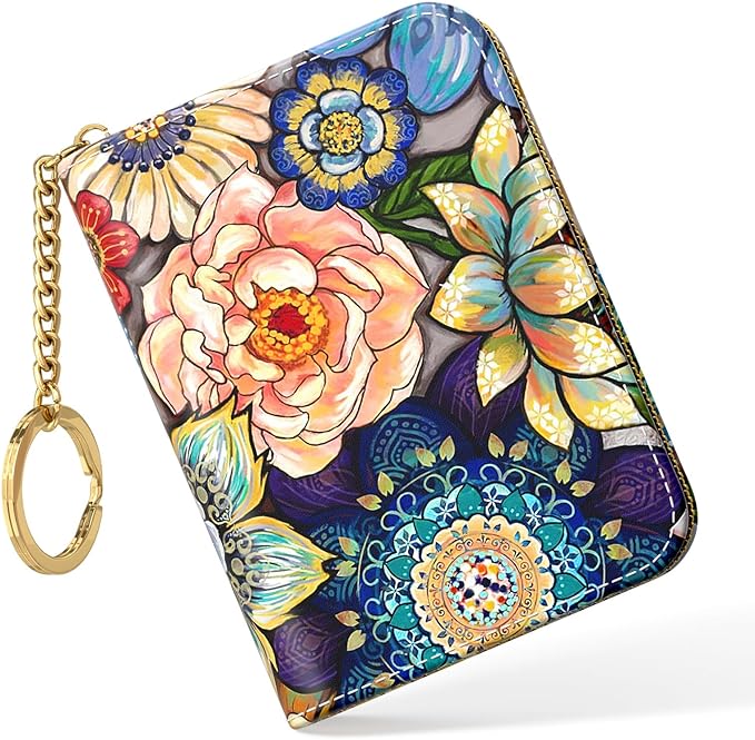 Nipichsha Women's RFID Blocking Small Leather Wallet, Mandala Flower, Slim and Compact Size, 12-Accordion Slots, Protects Privacy