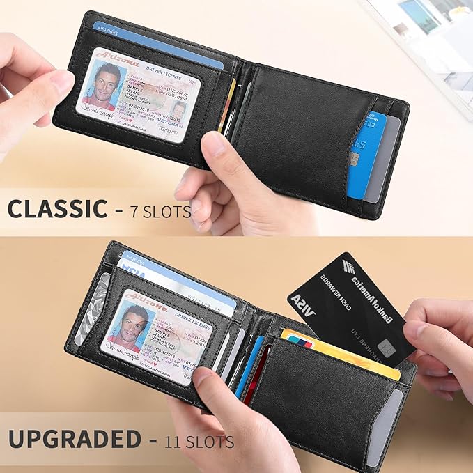 RUNBOX Slim Wallet for Men Genuine Leather RFID Blocking Bifold Minimalist Front Pocket Mens Wallet with Money Clip Thin Gift Box