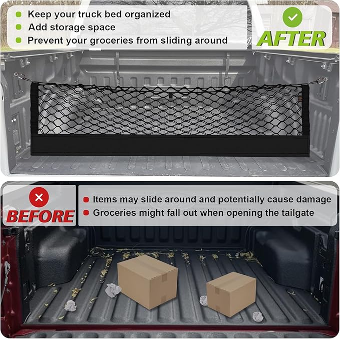 Muslogy Truck Bed Cargo Net Trunk Netting Compatible with Ford F-150 & Lightning 2015-2026 Accessories, Pickup Cargo Organizer SUV Sedan Storage Net w/Heavy Duty Carabiners