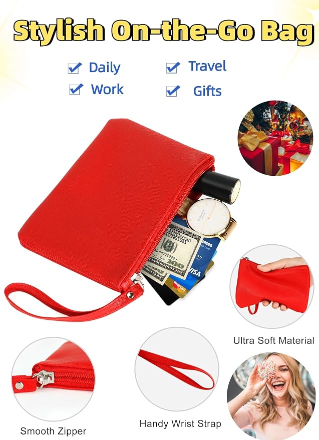 2 Pack Small Zipper Pouch Mini Makeup Bag for Purse Lipstick Cosmetic Travel Make Up Organizer for Women Essentials, Car Change Coin Holder 4.5 x 6.5 Clutch Stadium Approved Wristlet, Red