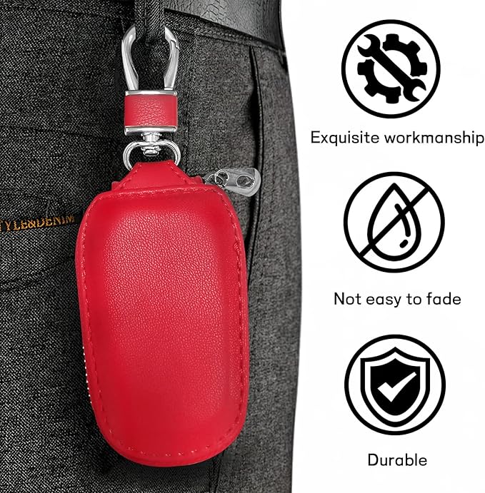 Car Key Case, Genuine Leather Auto Key Fob Protector, Universal Key Fob Cover Case with Metal Hook, Car Smart Keychain Holder for Remote Key Fob, Vehicle Keyring Zipper Bag (Red)