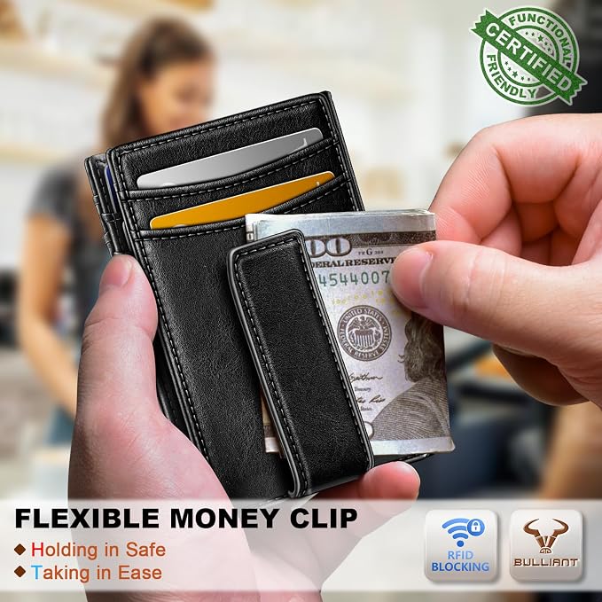 BULLIANT Magnetic Closure Slim Wallet-Genuine Leather Front Pocket Wallet for Men,RFID Blocking,Holds 12 Cards and Money Clip