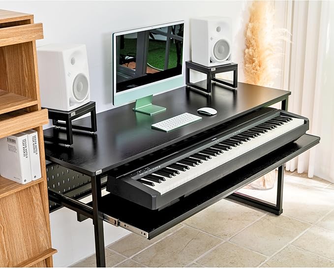 Music Studio Desk with Keyboard Tray and Height Adjustment Bracket, for Full 88 Keys (Music Producer Desk) (Black, 88 Keys)