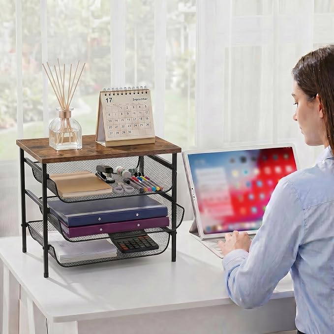 4-Tier Mesh Desk Organizer with Drawer Wooden Top Desktop Organizers File Holder Letter Tray Supplies Paper Organizer Home Office Accessories Black