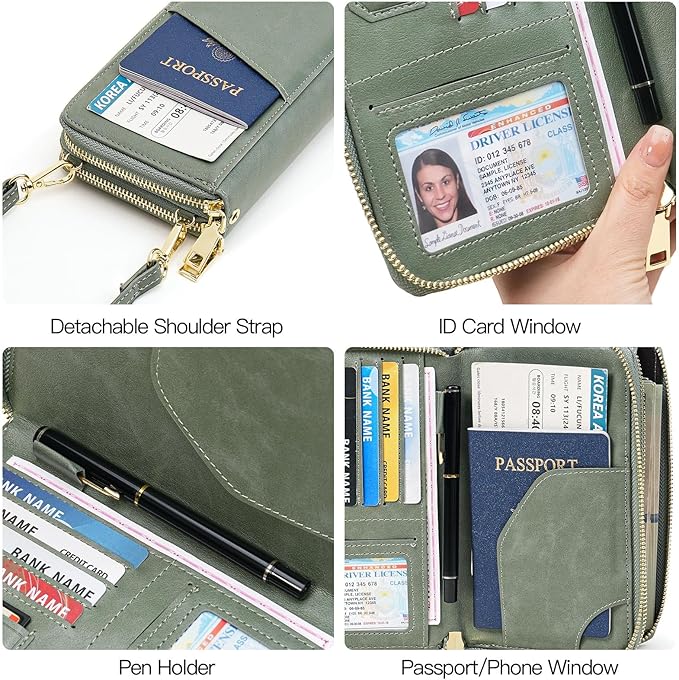 GOIACII Passport Wallet Travel Crossbody Bags for Women Wristlet Phone Purse Double Zip Vegan Leather Green