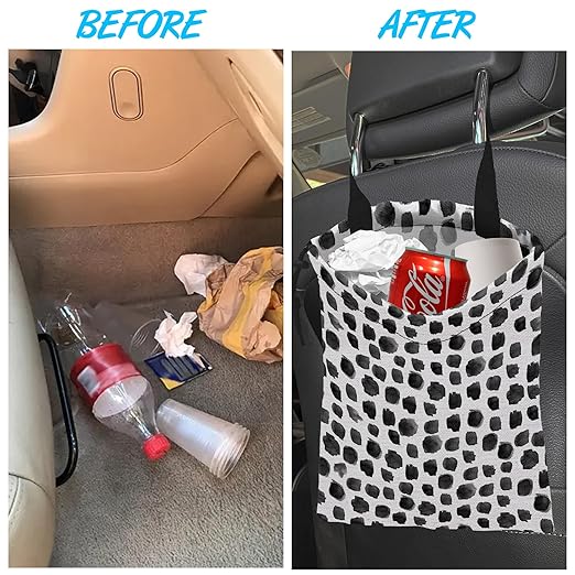 Car Trash Bag Hanging Black Dots Car Trash Can Waterproof Garbage Bag Hanging for Car Back Seat