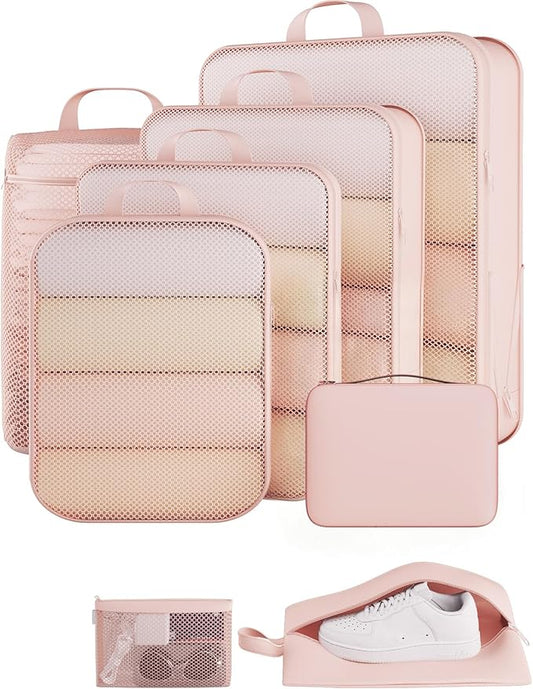 Veken 8 Set Compression Packing Cubes for Travel Essentials,Compressible Expandable Large Luggage Suitcase Organizer Bags for Clothing,Durable Space Saver Storage Bags with Makeup Bag(Beige)