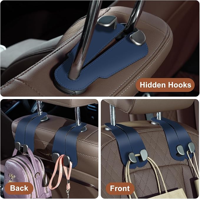 CoBak Purse Hook for Car - Universal Premium Stitched Leather and Aluminum-Magnesium Alloy Double Car Seat Back Storage Hook for Purses, Handbags, Bags (2 Pack),Indigo Blue