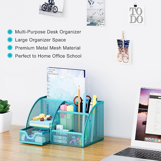 EasyPAG Mesh Desk Organizer with Drawer Multi-Functional Pen Holder Stationery Organizer for Office School Supplies 6 Compartments Dorm Organizers and Storage for Desk, Blue