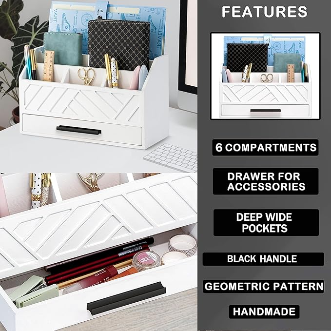 Wood Desk Organizer and Accessories with Drawer, Bill Mail Organizer and File Mail Holder for Office Supplies, Modern Desk Accessories & Workspace Organizers for Desk Organization