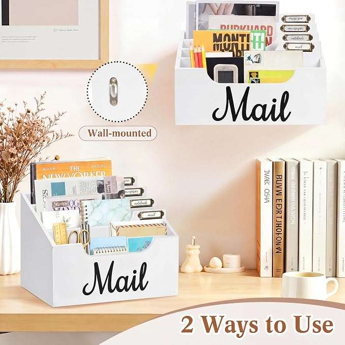 Rustic Wood Mail Organizer Countertop with 4 Slots, Black Mail Holder for Desk, Removable Dividers Mail Sorter, Letter Bill File Organizer for Home Office Classroom, Desktop Organizer with Free Labels