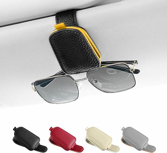 SINGARO Sunglasses Holder for Car, Leather Magnetic Buckle Sun Visor Sunglass Clip, Ticket Card Storage Glasses Clip, Car Interior Accessories for Men and Women（Black-Yellow）
