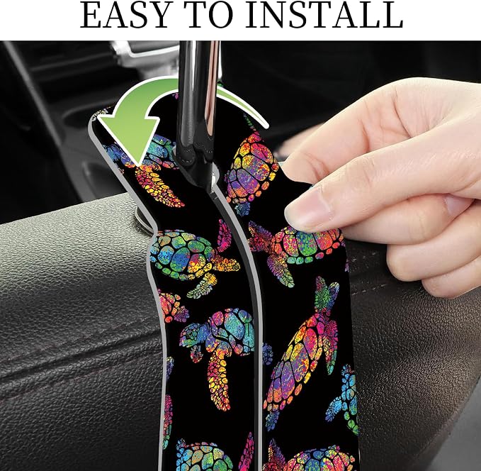 PU Leather Car Seat Hook, Storage Headrest Hanger, Cute Car Backseat Organizer, Car Hooks For Purses and Bags Rainbow Sea Turtles