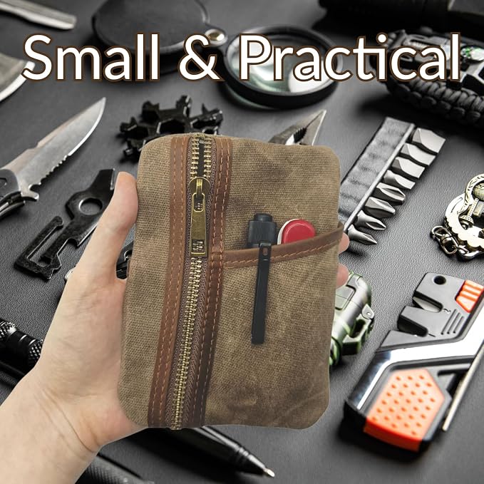 EDC Pouch 6 Pockets Organizer Waxed Canvas and Leather EDC Wallet Pocket Pouch for Men Women Vintage Brown