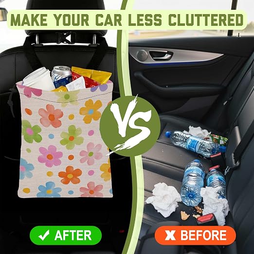 Car Trash Bag Retro Watercolor Flower Leak-Proof Waterproof Car Garbage Bag with Drawstring Foldable Canvas Trash Bin with Adjustable Buckle for Car Accessories, Travelling, Camping