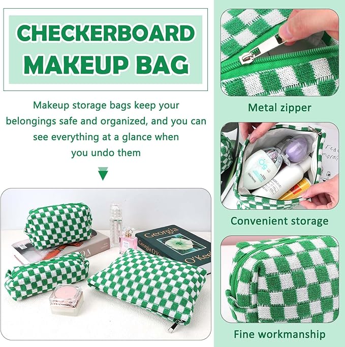3 Pcs Makeup Bag Cosmetic Bag Set for Girls Women Checkered Travel Organizer Bathroom Toiletry Pouch Large Capacity Storage Bag(Green-White)