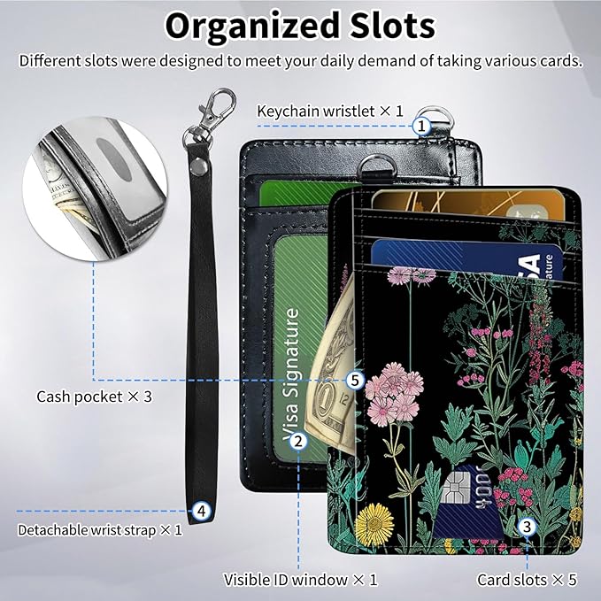 Slim Minimalist Front Pocket Wallet,Credit Card Holder Wallet for Women Men,RFID Blocking Credit Card Holder Case Leather Cute Small Thin Wallet ID Window&Wrist Strap,Floral Palnt