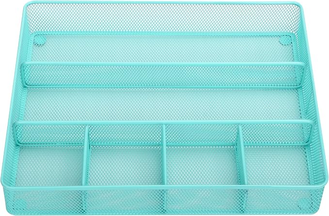 Annova Desk Top Organizer Tray for Office Organization - Metal Mesh - Storage Tray with Dividers for Pens, Desktop Accessories, Bathroom, Kitchen, Makeup and Office Supplies (Large, Turquoise)