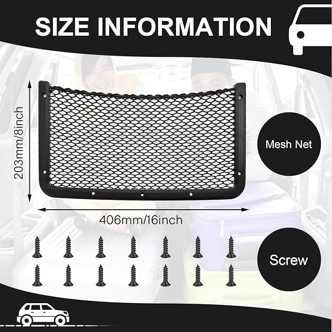 Frienda 4 Pcs Car Storage Net Bag, ABS Plastic Framed Mesh Net Holder, Phone & Cargo Organizer with Screws for Auto, Rv, Boat, Truck Pocket Storage (16 x 8 Inch)
