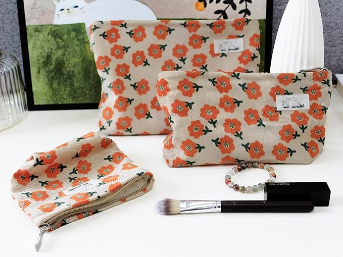 HAPPYHEIDI Makeup Bag Set 3 Cosmetic Toiletry Organizer Zipper Pouch for Purse Tote, Women Girls Gift, Large Medium Small, Beige Orange Floral Corduroy