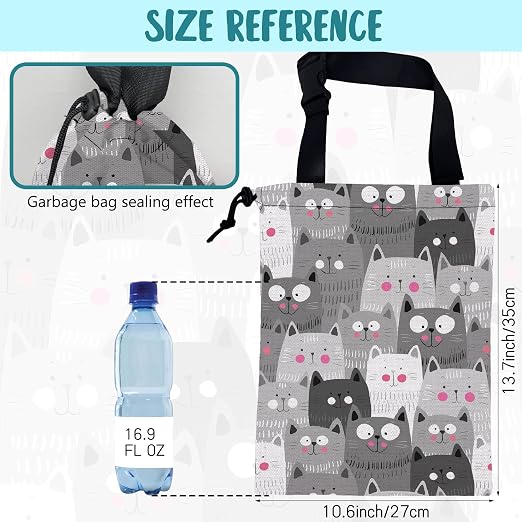 Car Garbage Bag Cute Grey Cats Drawstring Car Trash Bag Hanging for Back Seat with Adjustable Buckle Canvas Vehicle Trash Can Easy-to-Install